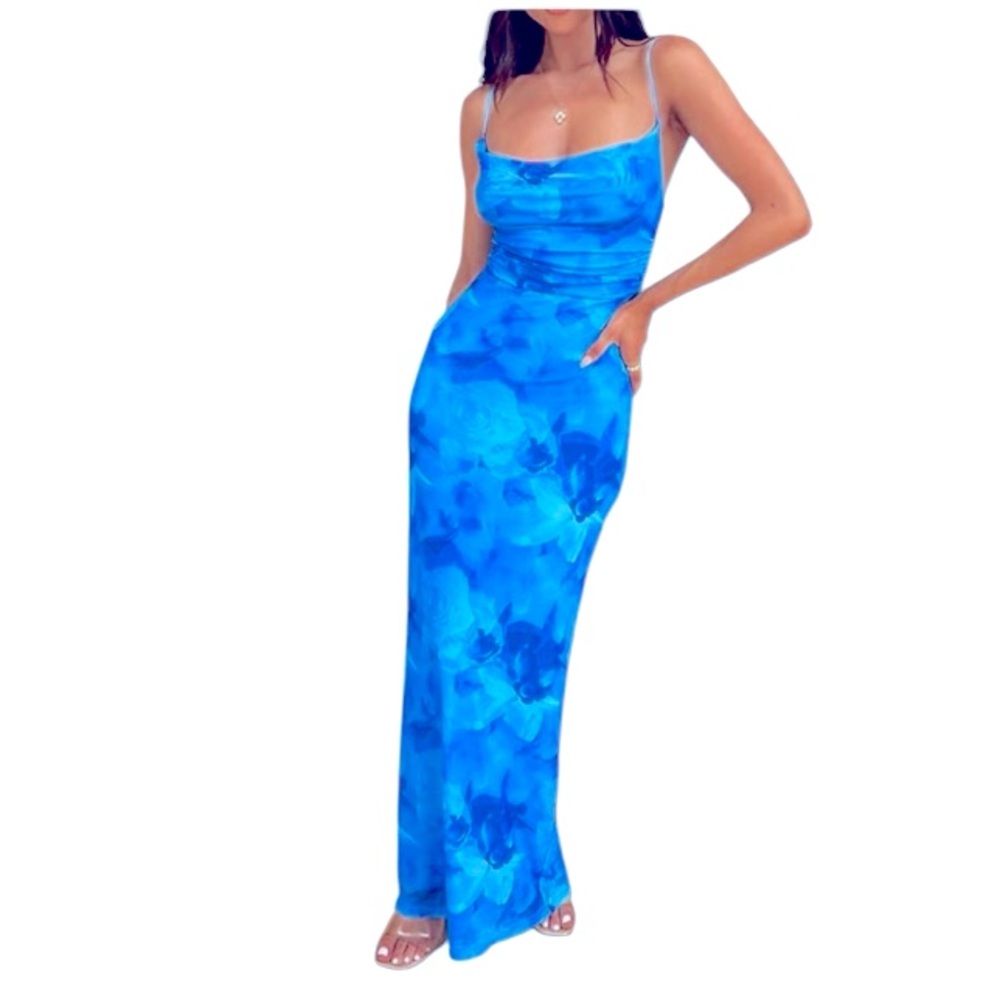 Persaya Blue Bodycon Maxi Dress Spaghetti Strap. NWT
